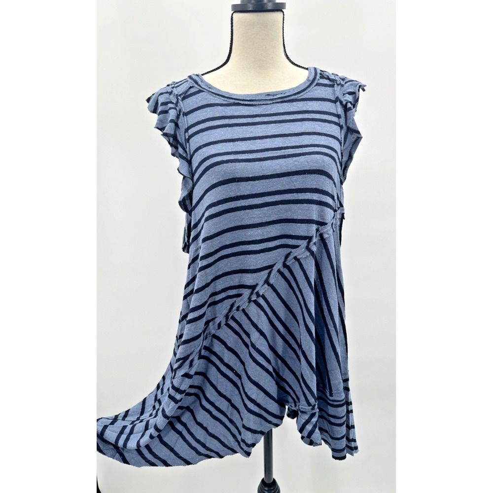 Free People Striped Linen Tunic Women Small Deep Sea Indie Boho Fairy Grunge Blu